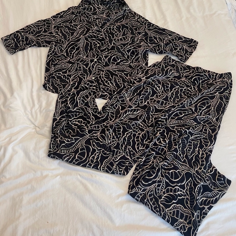 Mango Set Wide Leg Pants - Black and White Leaf Pattern
